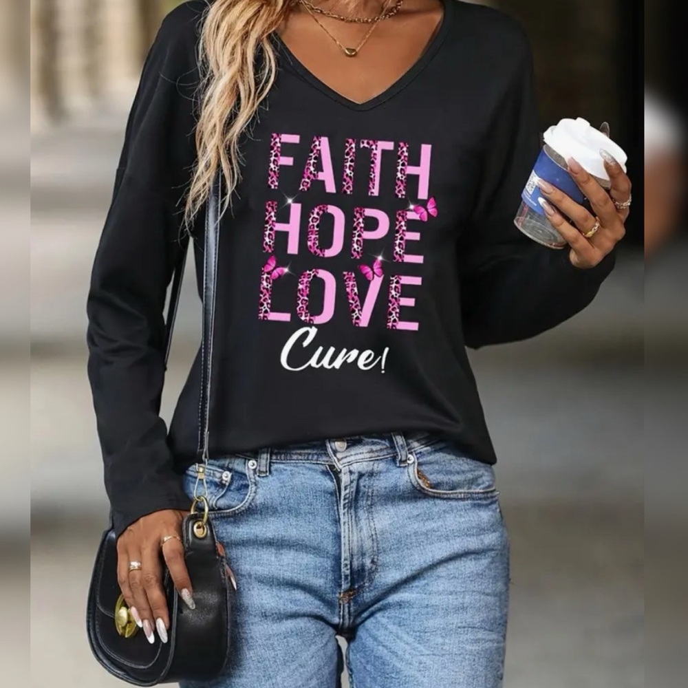 FAITH HOPE LOVE CURE Breast Cancer Awareness V-Neck Long Sleeve T-Shirt